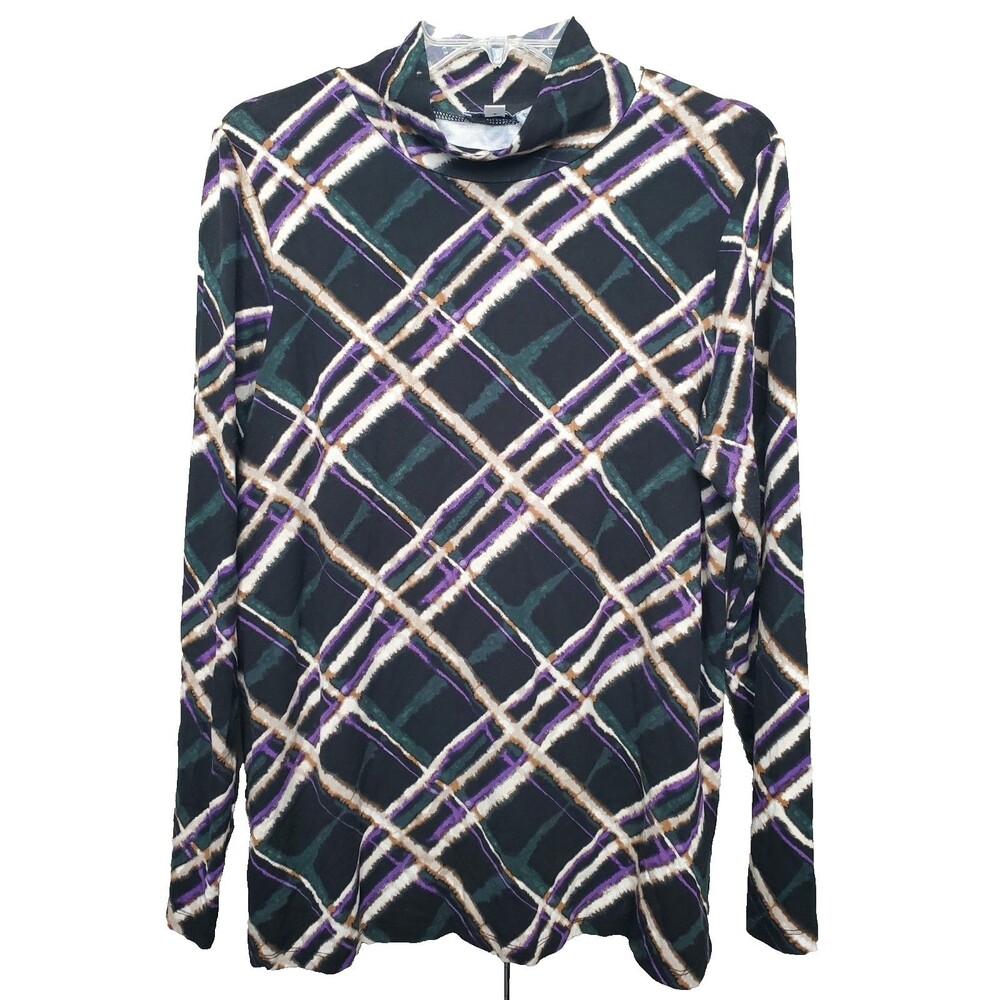 Chico's Touch of Cool Mock Neck Plaid Printed Layering T-Shirt Jersey Knit 3(XL)
